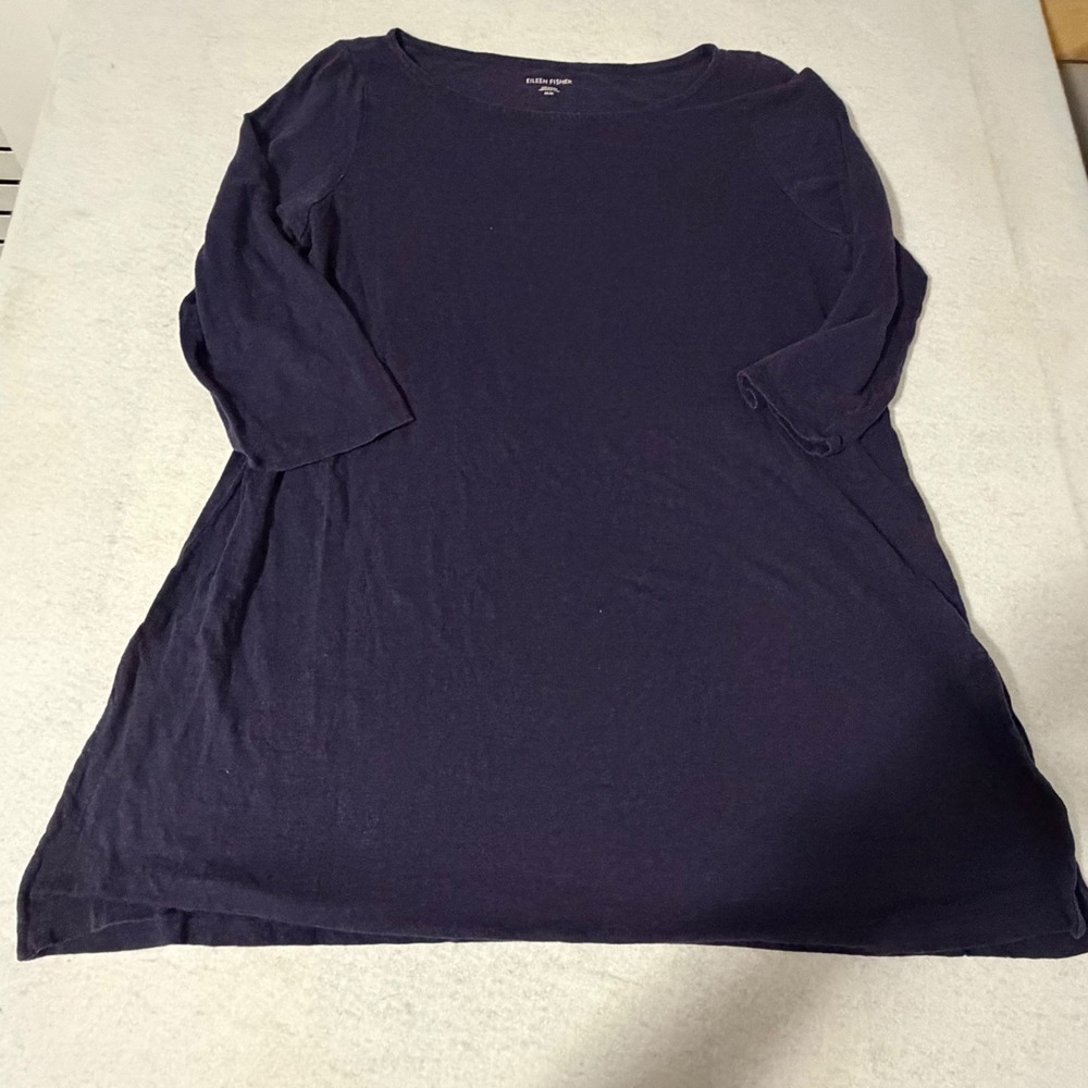 Eileen Fisher Navy Blue Organic Linen Jersey Boat Neck 3/4 Sleeve Tunic Top M